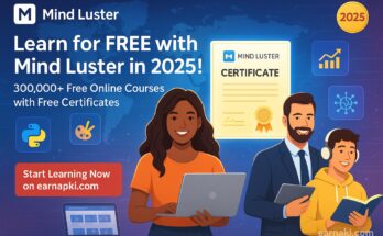 “Mind Luster free online courses with free certificates 2025 – diverse learners with digital certificate, featuring coding, digital marketing, and graphic design courses on earnapki.com.”
